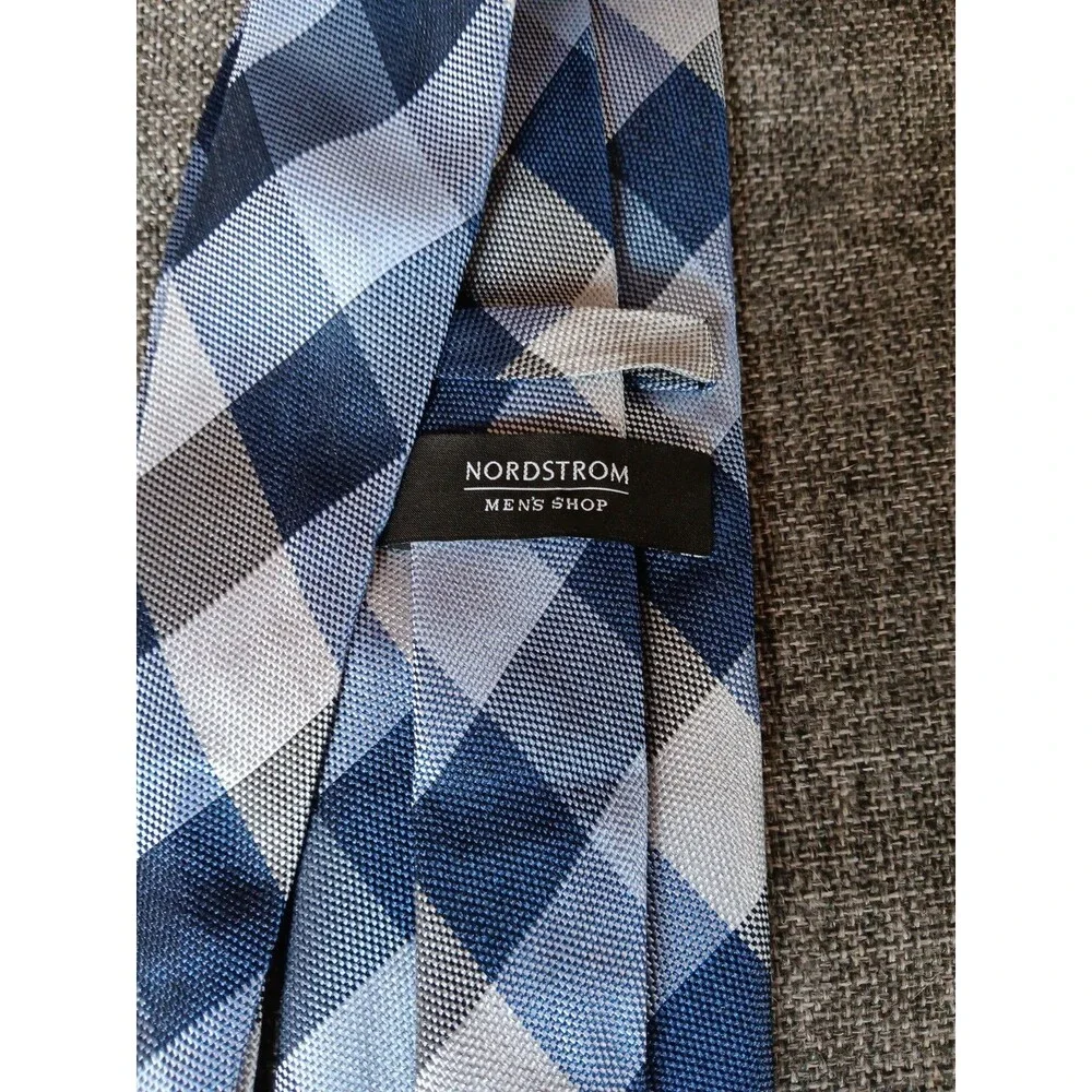 Tie 70s 80s 90s Y2K Mens Nordstrom Silk Blue Plaid 3.5 Wide 60 Long